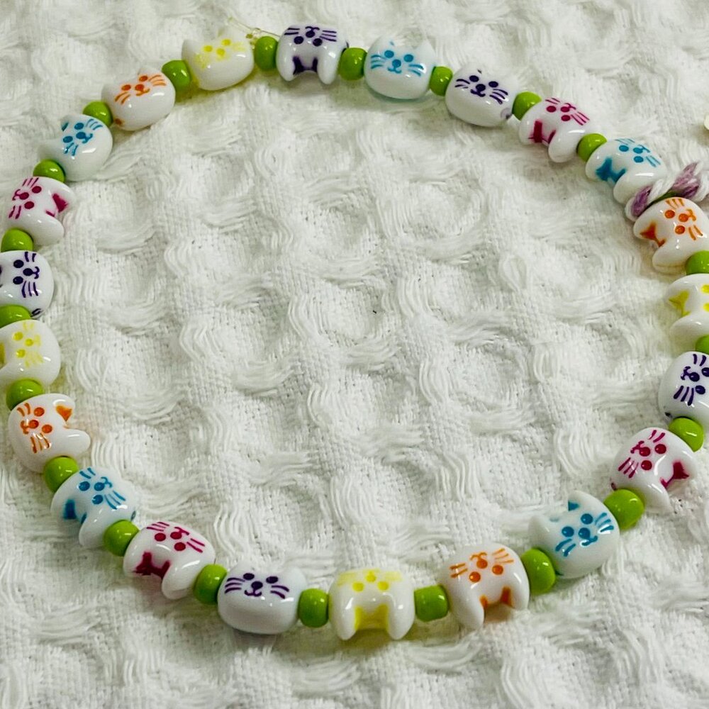 Hand Beaded Colorful Cats Stretch Ankle Bracelet